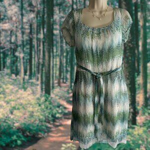 ESPRIT SILK DRESS Garden Fairy Sheer Green & Blue Floral Vines Print Lined 12 US